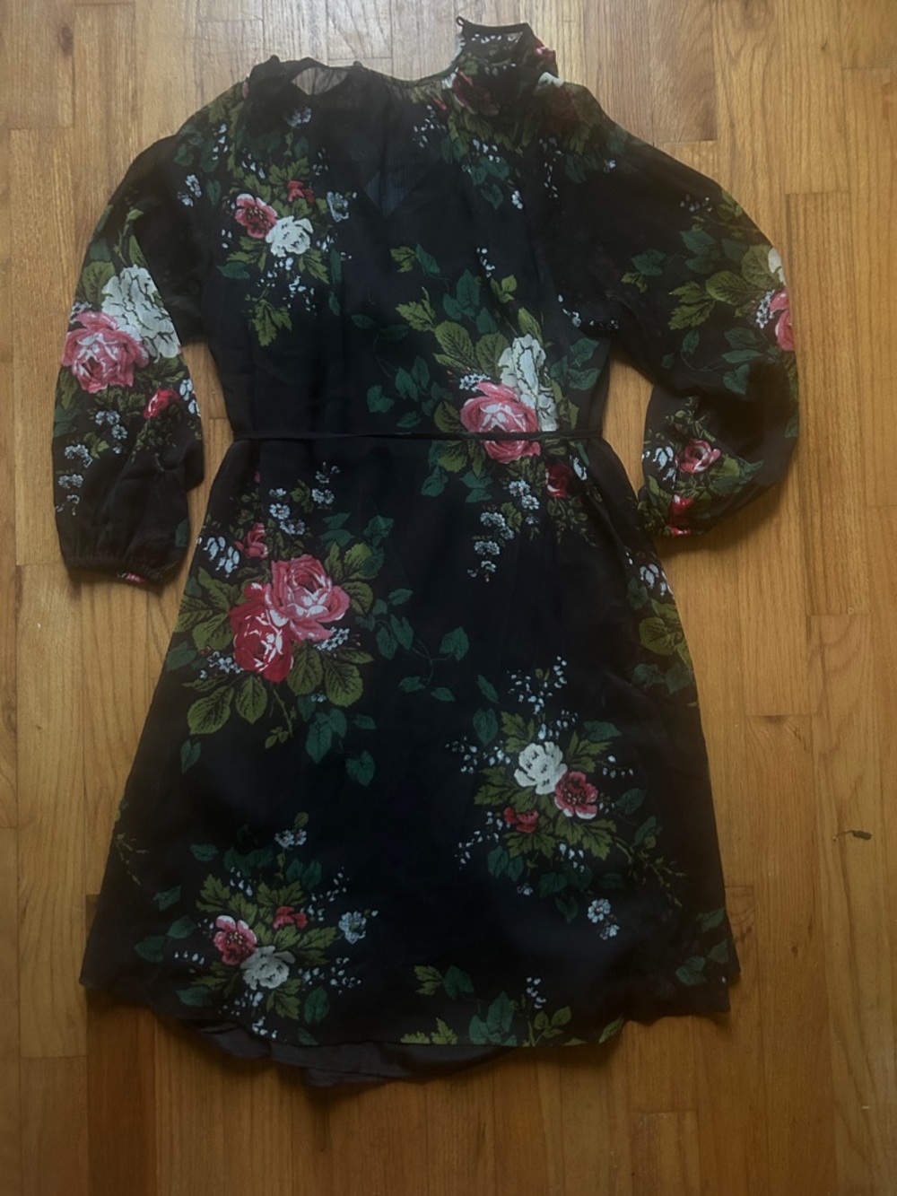 LOFT Black Floral High-Neck Puff-Sleeve Dress